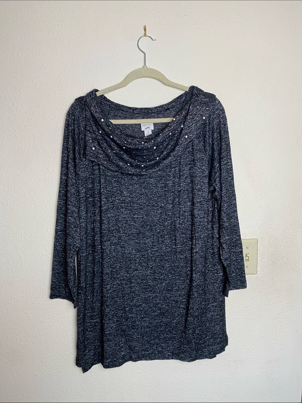 Chico's Zenergy Metallic Speckle Cowl Tunic Heathered Black Gray 3 (XL)